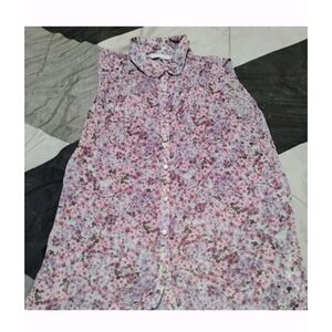 Sheer Floral Button Down Sleeveless Shirt - Pink and Purple